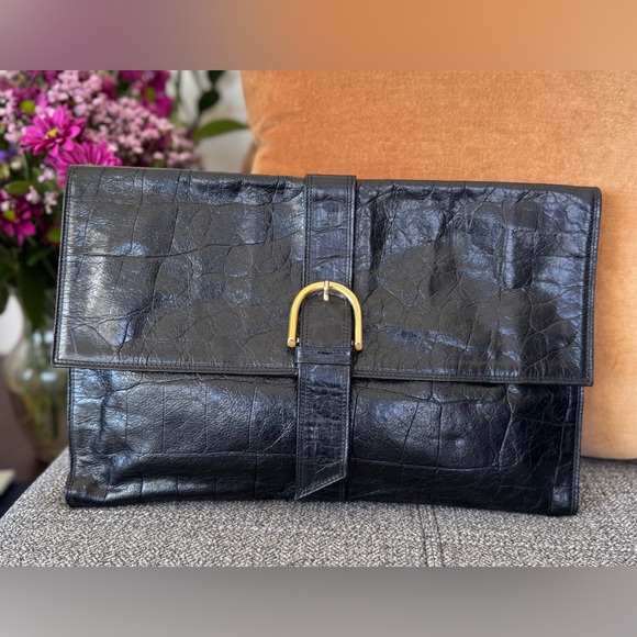 Danielle Nicole Handbags - Danielle Nicole Black Croc-Embossed Large Clutch with Gold Hardware